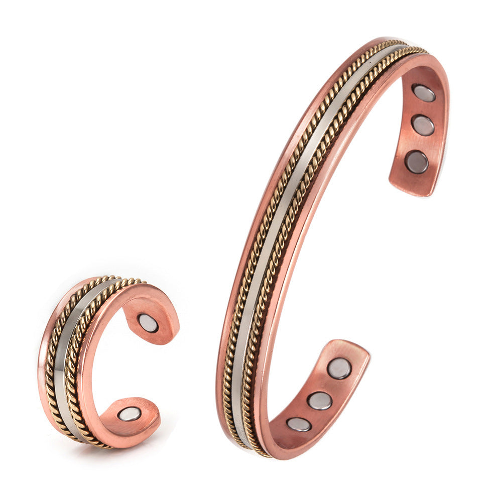 Magnetic Red Copper Adjustable Retro Ring Bracelet Set For Women Elegant Fashion Jewelry Durable Accessory Gift