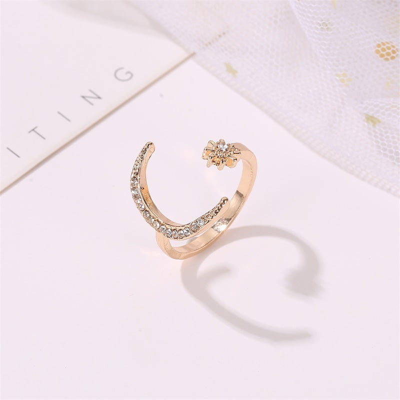 Womens Rhinestone Moon And Star Ring Opening Design Adjustable Alloy Jewelry Electroplated Fashion Ring Dazzle