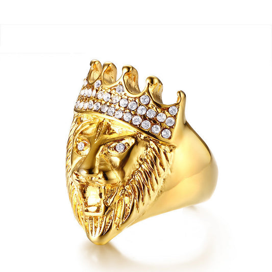 Men's Lion Head Ring Stainless Steel Band with Rhinestone Crown Animal Jewelry Statement Ring Biker Ring for Men Fashion Ring Golden Lion Ring