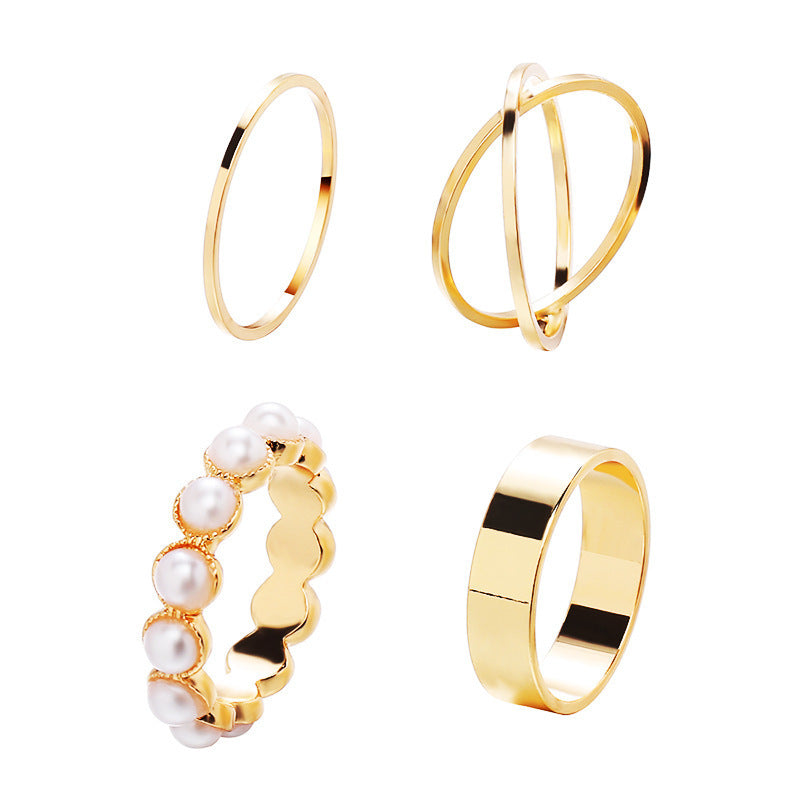 Retro Inlaid Pearl Ring Set Four Piece Golden Metal Rings Baking Varnish Finish Fashion Jewelry Set Accessory