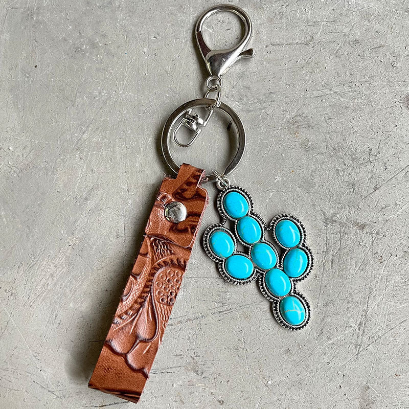 Western Cowhide Leather Keychain Turquoise Pumpkin Flower Pendant Embossed Texture Retro Keyring Cowgirl Purses