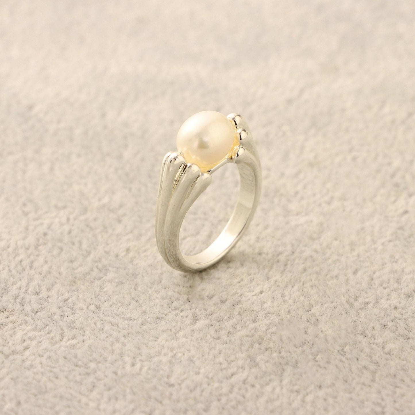 Womens Geometric Ring With Freshwater Pearl Inlay Silver Plated Copper Statement Jewelry Birthday Gift For Her