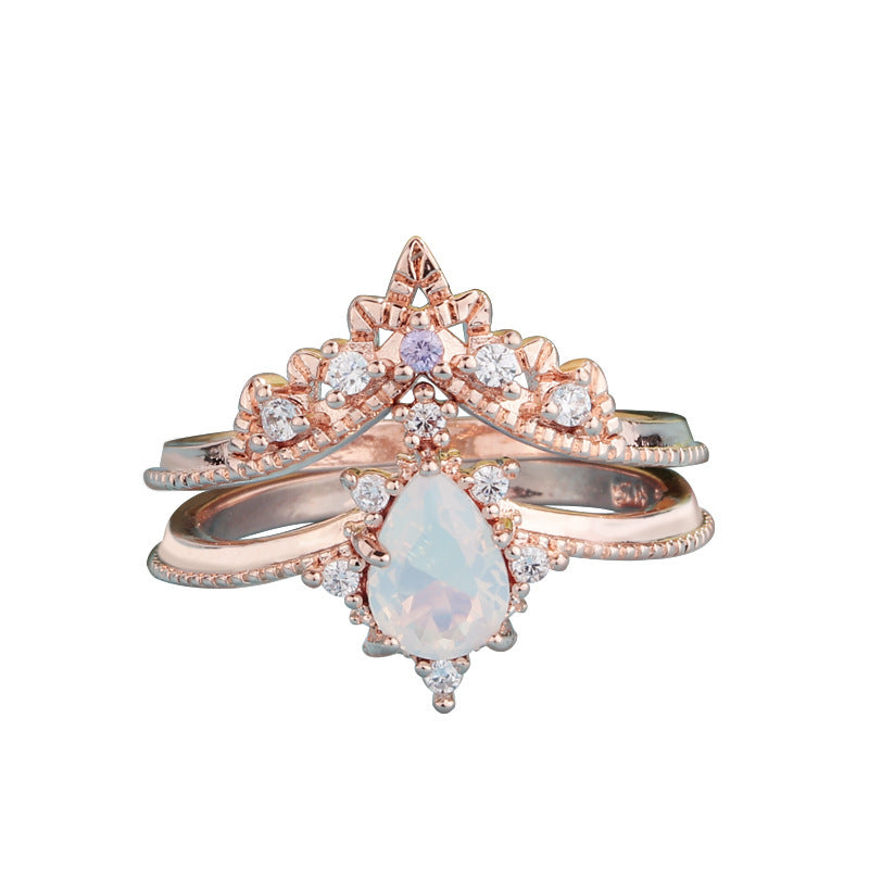Moonstone Crown Double Ring Set Copper Rose Gold Plated Diamond Accented Elegant Fashion Jewelry For Her Crown
