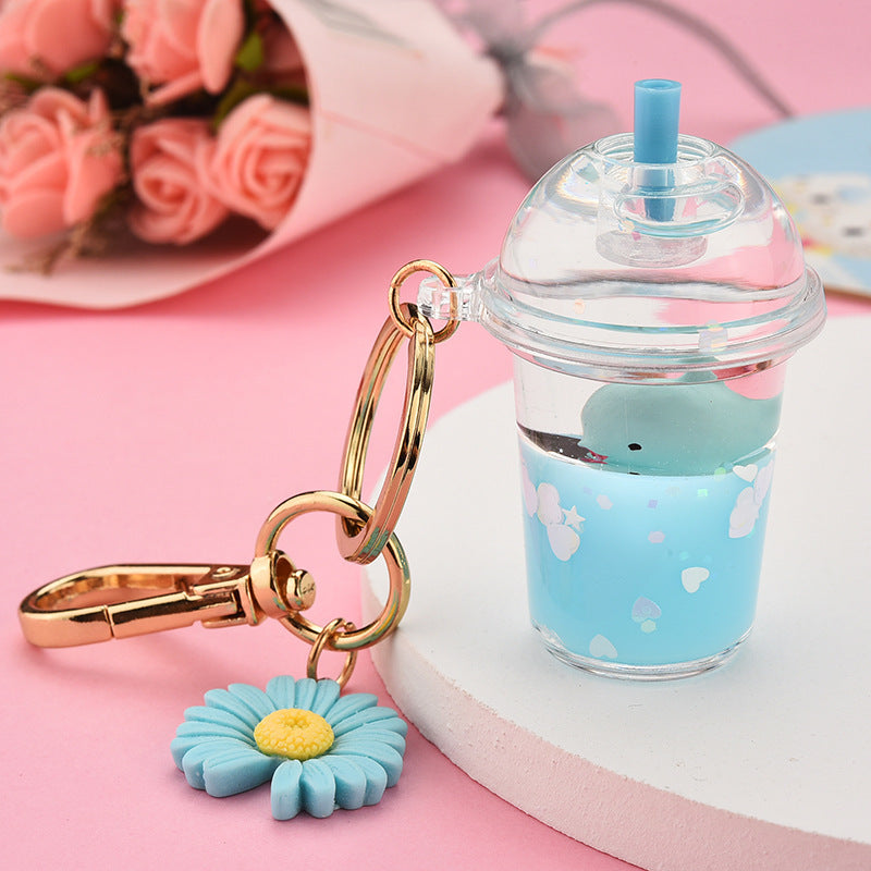 Milk Tea Cup Keychain With Cute Cartoon Animal Pendant Electroplated Charm Light Blue Lemon Yellow Pink Acrylic