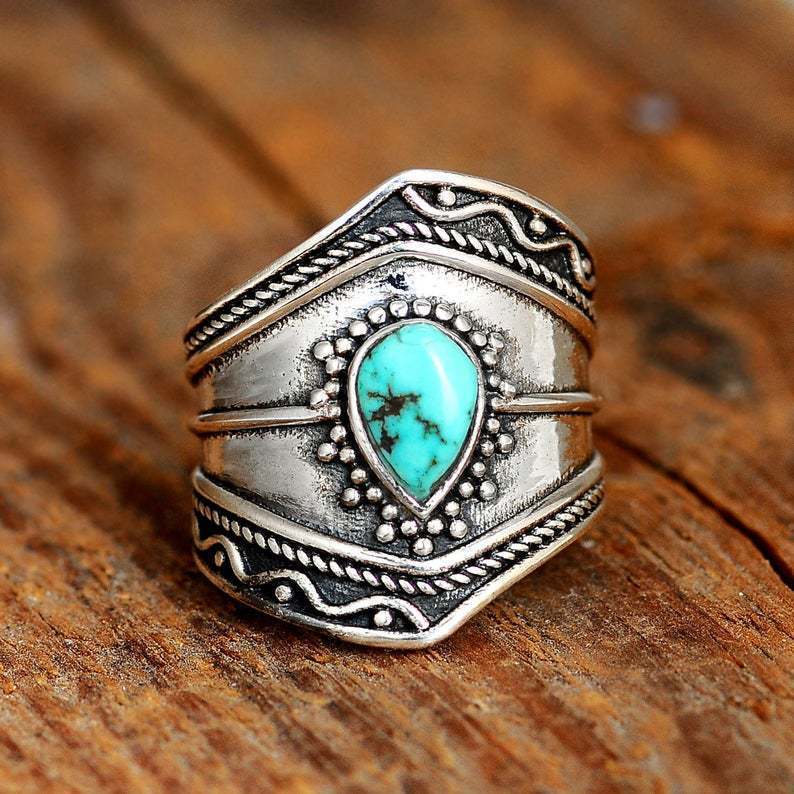 Womens Silver Ring Turquoise Stone Boho Geometric Design Irregular Alloy Jewelry European American Fashion New