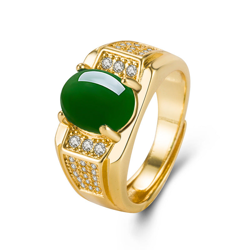 Oval Green Chalcedony Vintage Style Ring Copper Plated Gold Finish Adjustable Band Elegant Charm Ideal Gift Idea