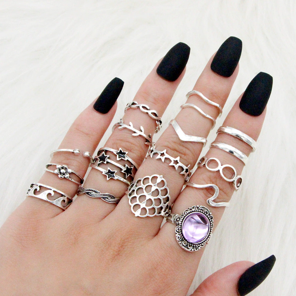 Womens Gold Plated Ring Set 17 Piece With Artificial Gems Star Ring Leaf Ring Wave Ring Geometric Knuckle Ring Band