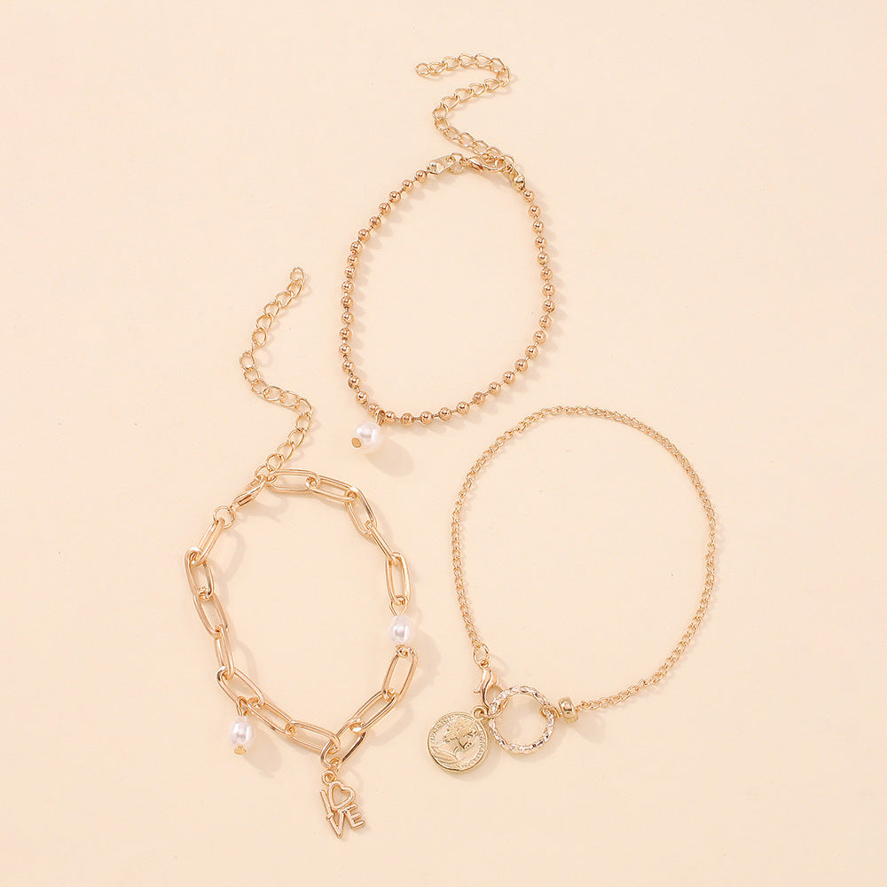 Gold Imitation Pearl Bracelet Set Geometric Retro Bangles for Women European Style Alloy Jewelry Vintage Style