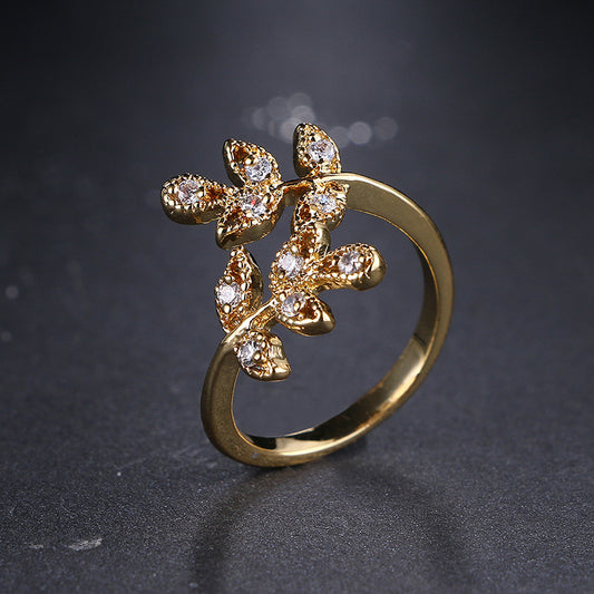 Leaf Shaped Adjustable Ring With Diamond Accent 18K Gold Plated Copper Elegant Jewelry For Her Everyday Style