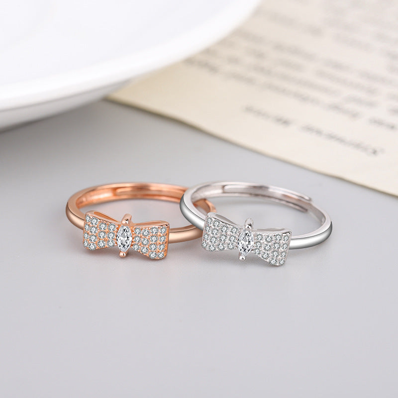 Adjustable Bowknot Zircon Ring 925 Silver Jewelry For Women And Girls Elegant Fashion Accessory Sparkle Detail
