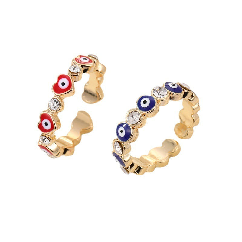 Womens Alloy Ring With Rhinestone Eye Peach Heart Design Vintage Inspired Adjustable Opening Ring Elegant Vintage Flair