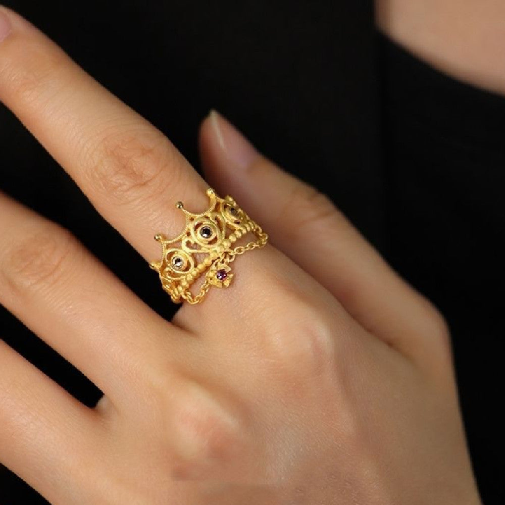 Vintage Copper Ring Crown Tassel Adjustable Geometric Statement Ring Electroplating Finishes Wide Bands Fashion