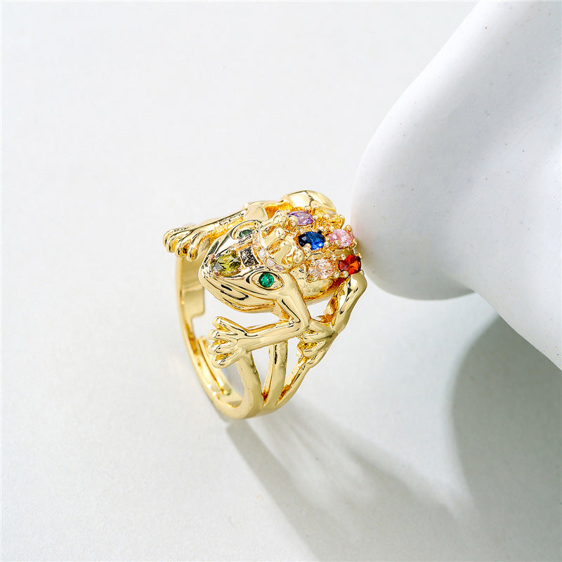 Zircon Micropaved Copper Frog Ring Geometric Adjustable Opening Womens Fashion Jewelry Gift with Copper Finish