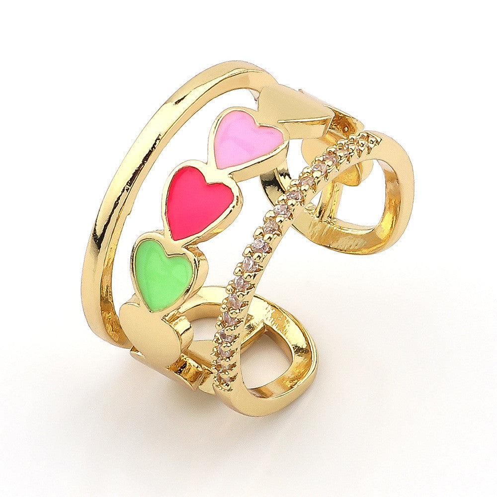 Heart Shaped Zircon Inlaid Copper Ring With Dripping Oil Design Elegant Fashion Jewelry Gift For Her Durable Quality