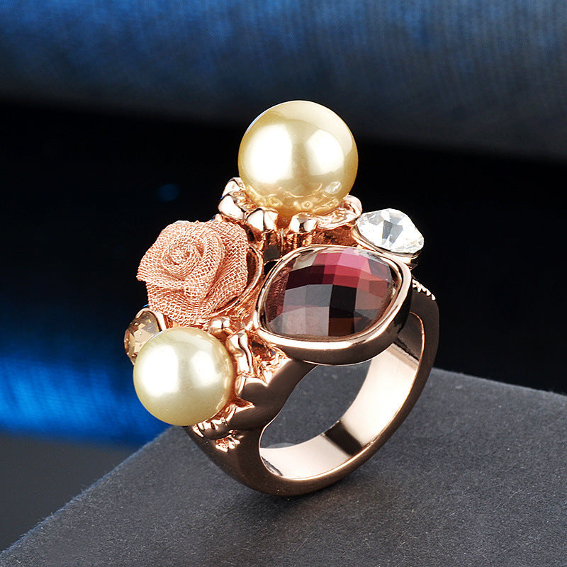 Personalized Rose Gold Pearl And Diamond Ring With Flower Design For Women Gold Plated Alloy Jewelry For Women