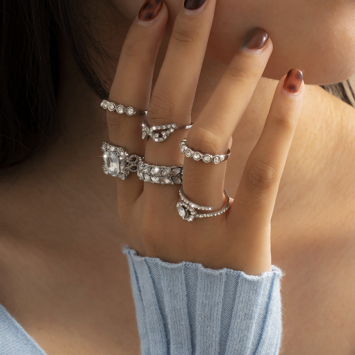 Geometric Water Drop Ring Set Six Piece Alloy Dainty Stackable Fashion Jewelry For Everyday Wear Everyday Luxe
