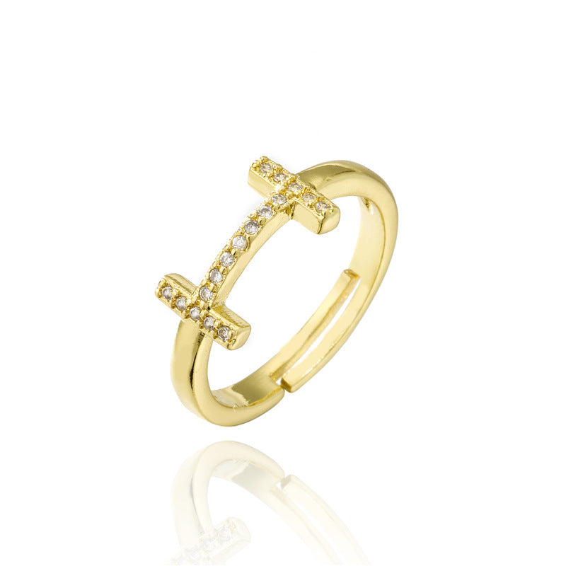 Adjustable Letter Ring Zircon Inlay Copper Jewelry