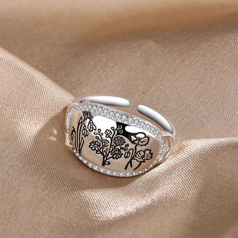 Geometric Flower and Grass Ring for Women Silver Copper Electroplated Adjustable Opening Size 12mm Wide 16mm Diameter