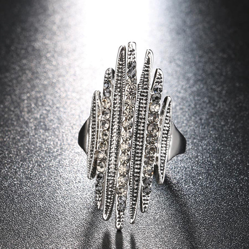 Unisex Vintage Ring Alloy Three Row Geometric Design With Inlaid Artificial Gems Electroplated Finish Packed Online