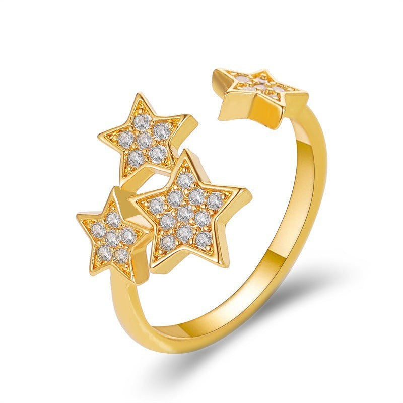 Womens Copper Ring With Five Point Star Inlaid Gem Electroplated Jewelry For Women Fashion Accessory Gift Idea Shine