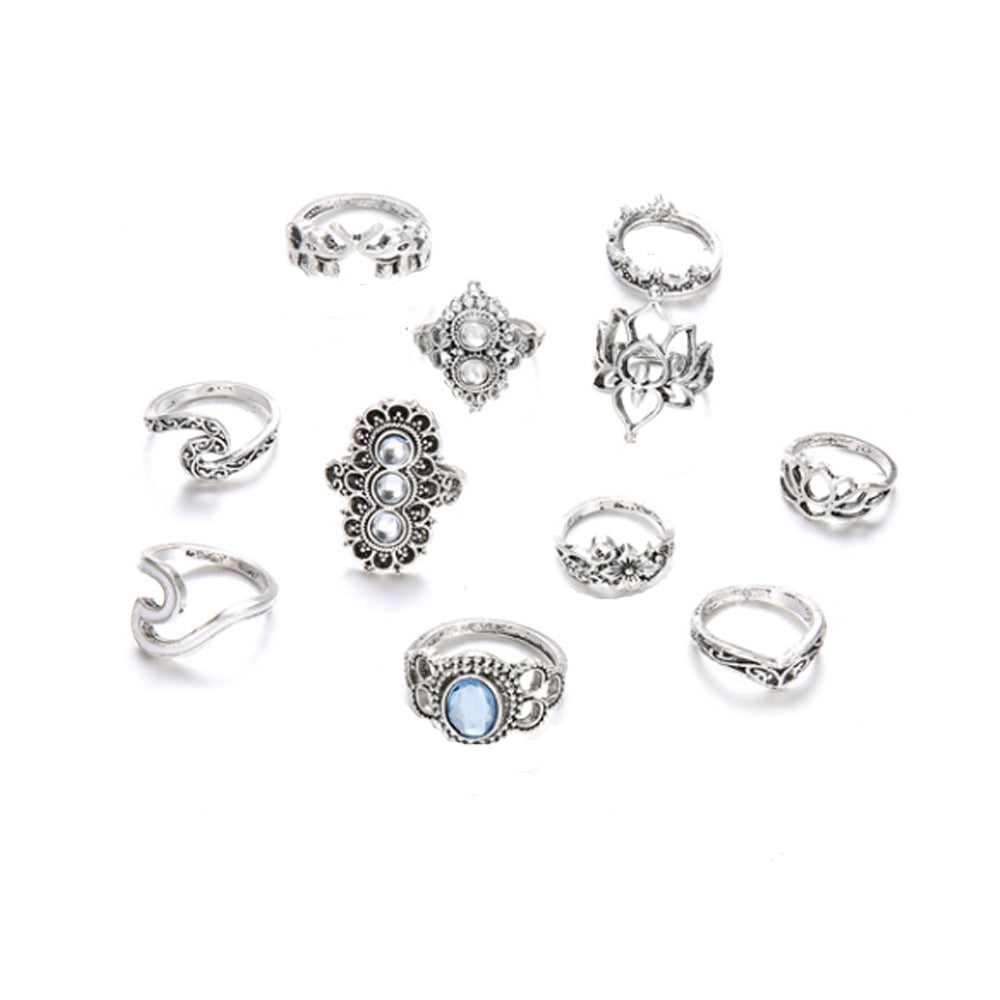 Womens Fashion Rings Set 11 Pieces Vintage Knuckle Ring Palm Crown Diamond Encrusted Lotus Wave Elephant Style