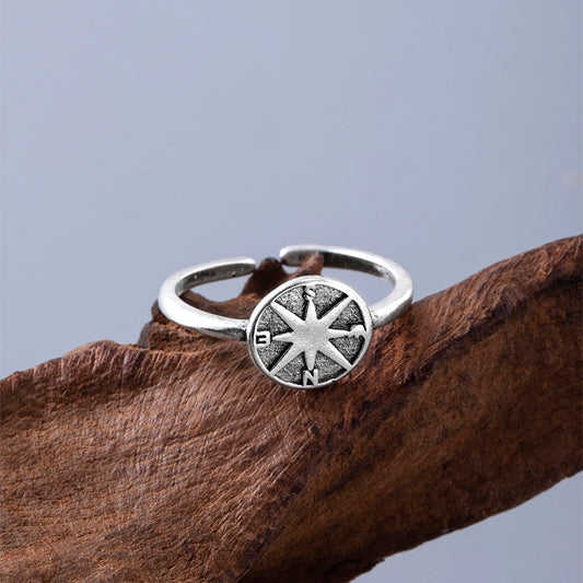 Vintage Compass Ring Adjustable Directional Statement Ring Zinc Alloy Silver Finish Round Unisex Jewelry Style