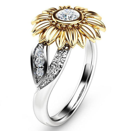 Gold Plated Sunflower Couple Ring For Women With Gems