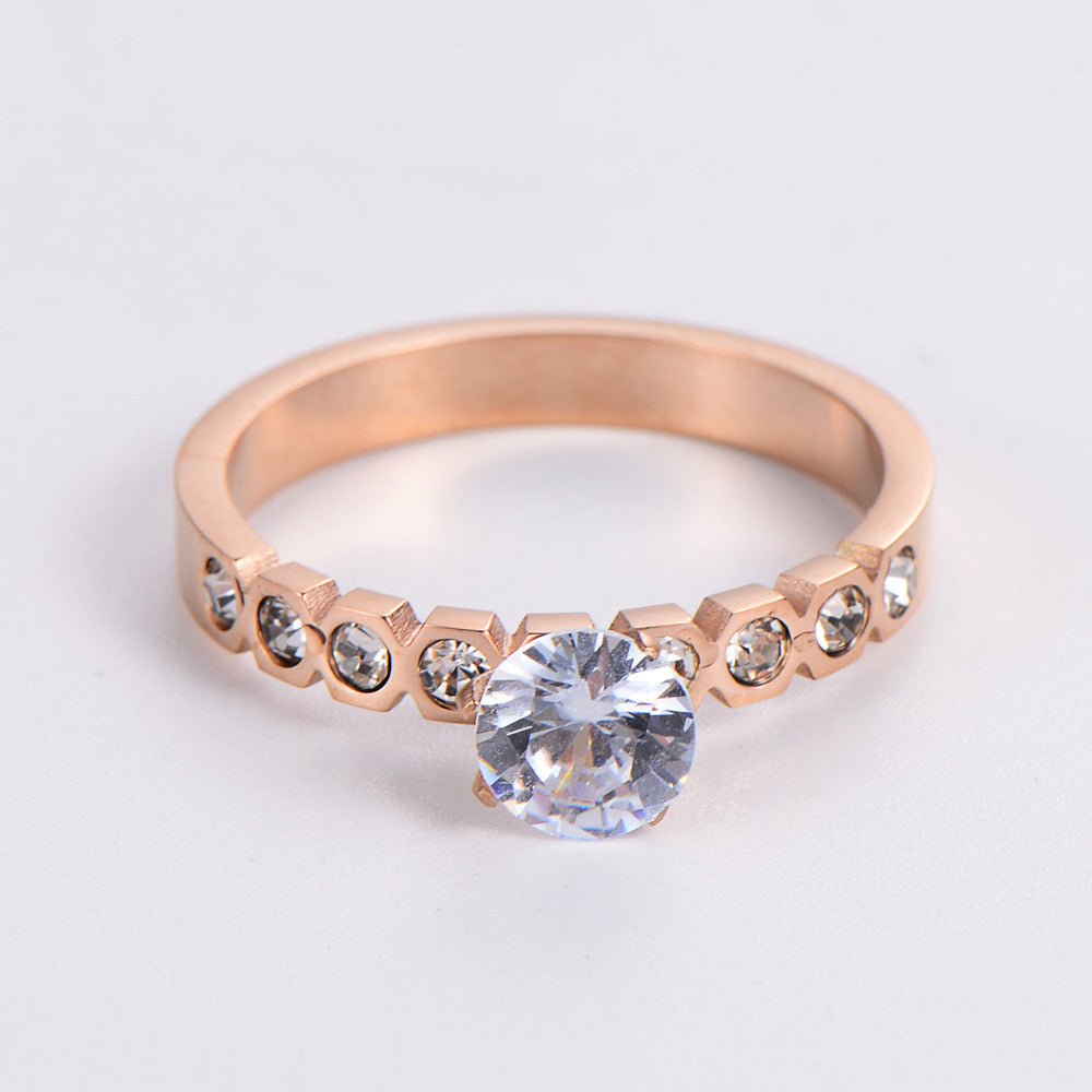 Polished Hexagonal Rhinestone Zircon Ring Inlaid Stainless Steel Gold Rose Gold Finish Sizes 5 6 7 8 9 Sparkle