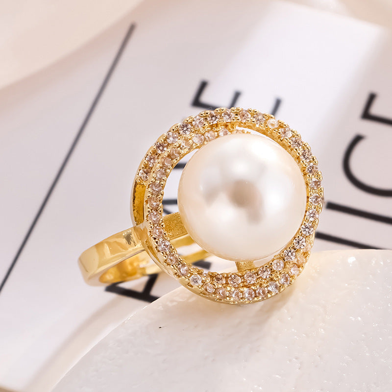 Women Gold Pearl Ring Fashionable Open Mouth Design Copper Adjustable Jewelry For Everyday Style For Her Style