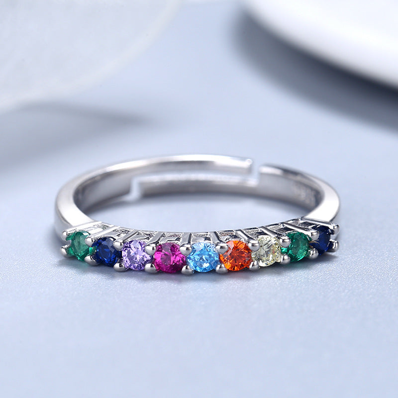 Sterling Silver Ring Inlaid With Colorful Zircon Stones For Women Fashion Jewelry Geometric Ring Travel Design