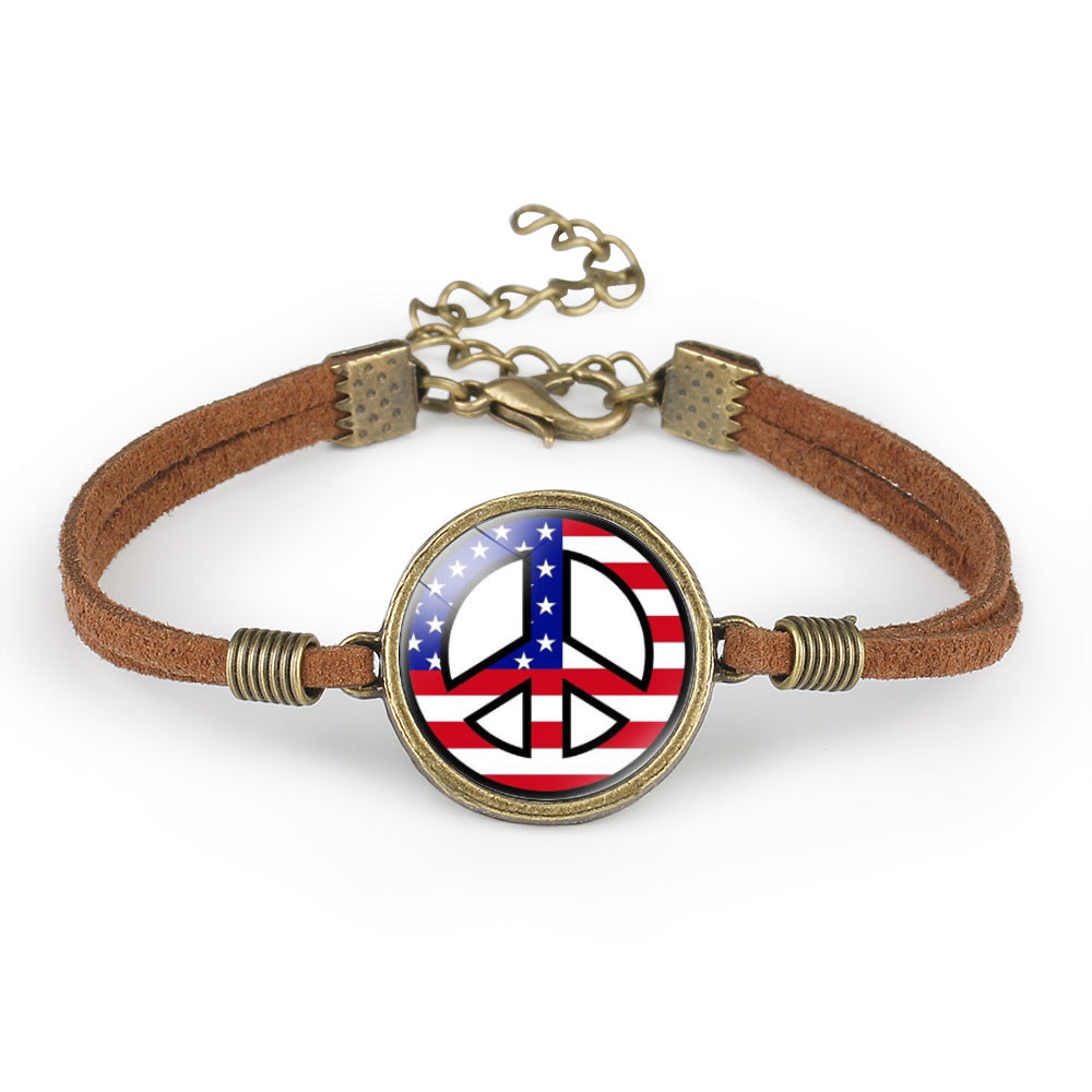 Unisex Leather Bracelet Peace Sign Retro Geometry Pattern With Crystal Inlay And Distressed Finish Packed Gift