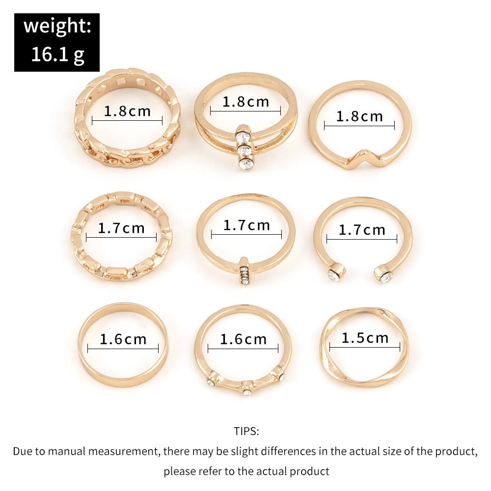 Women Ring Set 9 Piece Cross V Twist Geometric Alloy Rings With Artificial Gems Electroplated Fashion Everyday