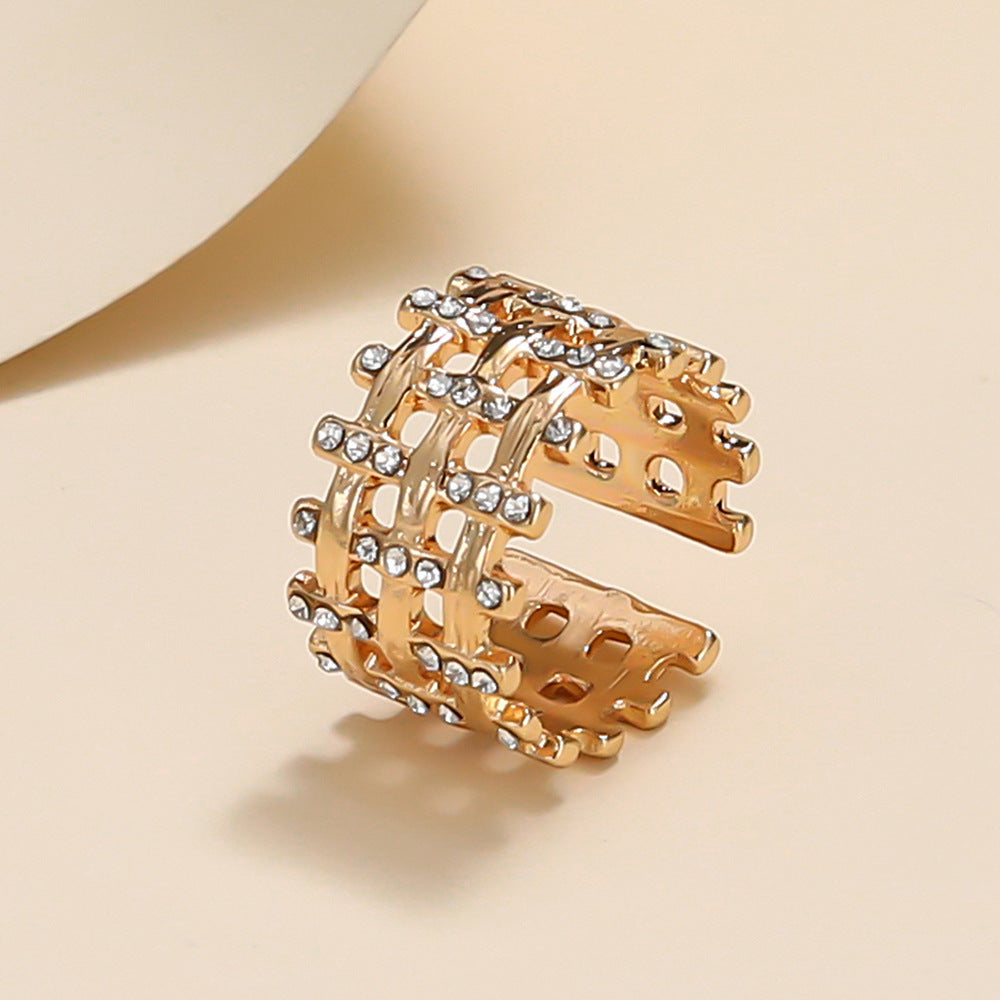 Womens Alloy Triple Hollow Vertical Bar Ring Diamonds Braided Design Fashion Jewelry Elegant Vertical Bar Ring