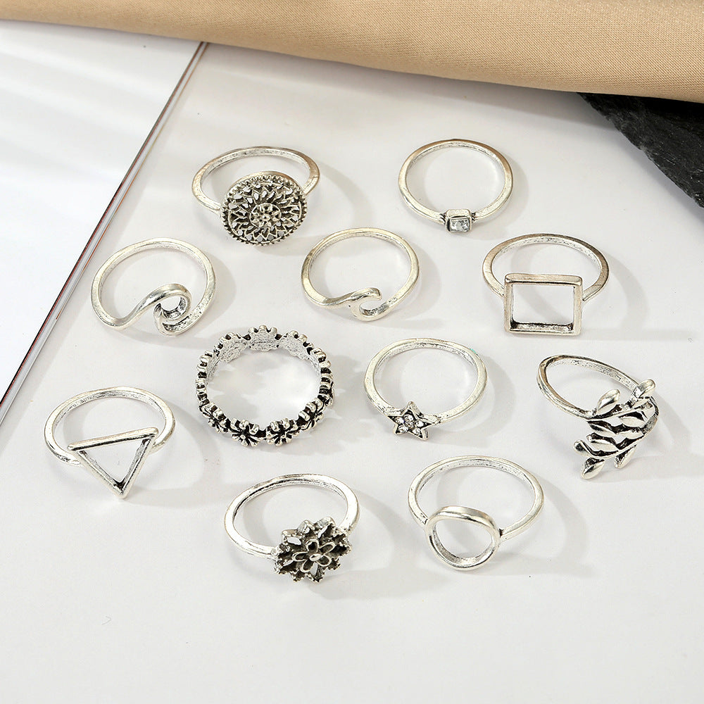 Womens Fashion Rings Geometric Hollow Flower Design Alloy Metal Electroplated Finish Statement Ring Set Flower