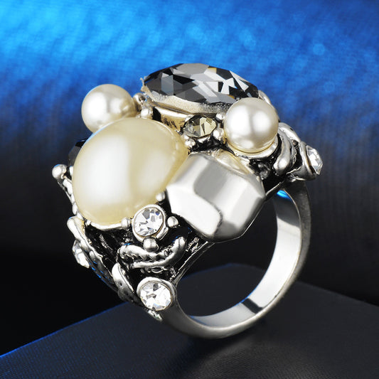 Pearl Rhinestone Gem Ring For Women Silver Tone Inlay Jewelry With Geometric Designs Sizes 6 7 8 9 Gold Plated