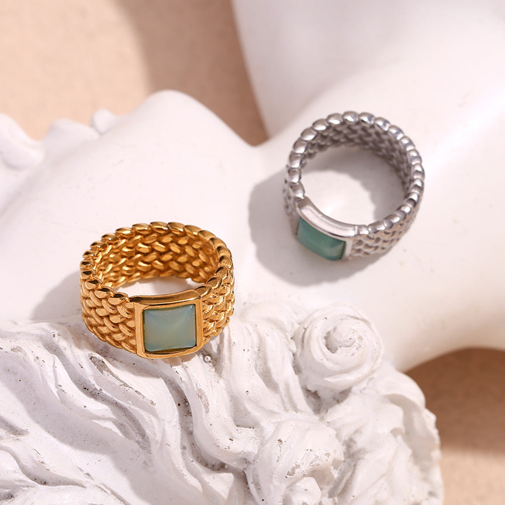 Vintage Stainless Steel 18K Gold Plating Woven Square Natural Stone Ring