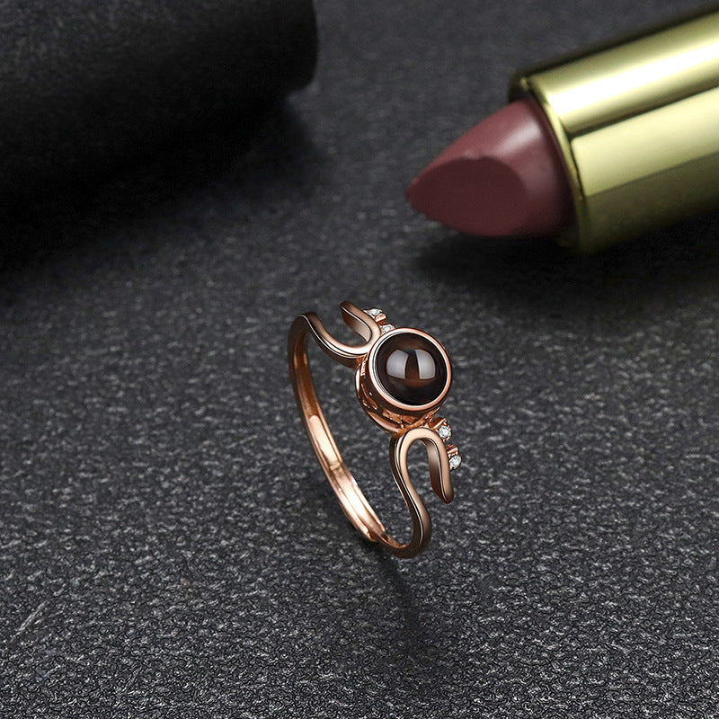 Sterling Silver 925 Gemstone Inlaid Geometric Ring With 100 Languages Projection European Ring White Gold Rose Gold