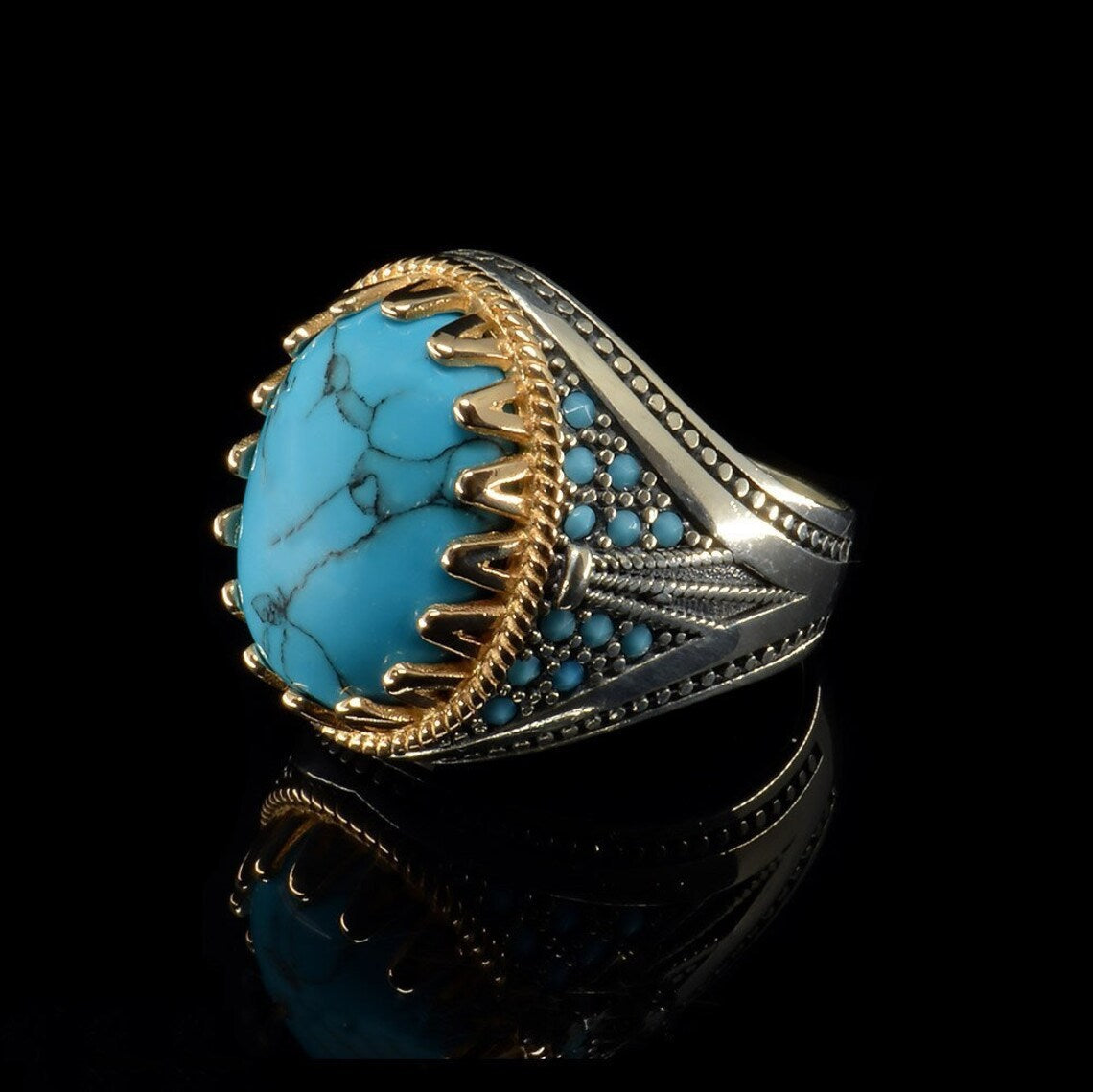 Womens Turquoise Ring Retro Two Tone Inlaid Geometric Ring European American Fashion Jewelry Ring Gift For Her