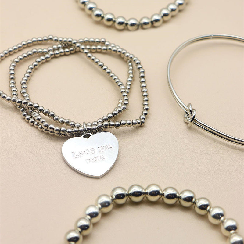 Beaded Bracelet Set Silver Color Heart Multilayer Unisex Design 4 Piece Set Plastic Letter Bracelets Bracelets
