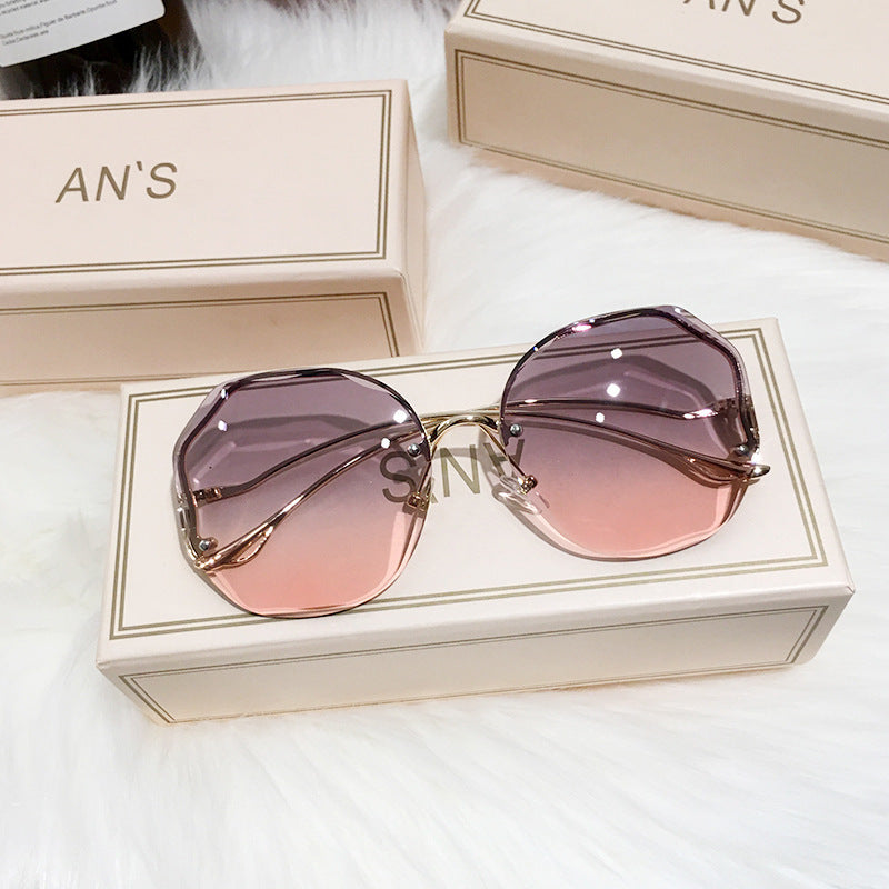 Women Frameless Polygon Sunglasses Resin Lens Metal Frame Cut Edge Ocean Gradient Tea Shade Stylish Eyewear Stylish
