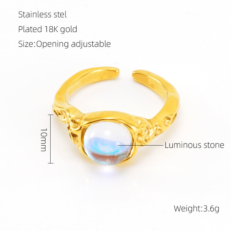 Women's Stainless Steel Ring with Moonstone Gem Irregular Geometric Lines and Heart Diamond Shape Accents Adjustable Opening European American Retro Ring