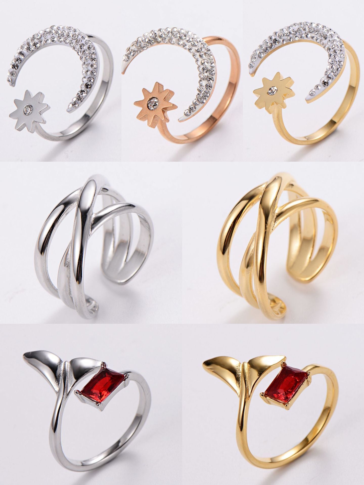 Women Titanium Steel Ring Moon Star Inlaid Open Adjustable Minimalist Dainty Jewelry For Everyday Wear Jewelry