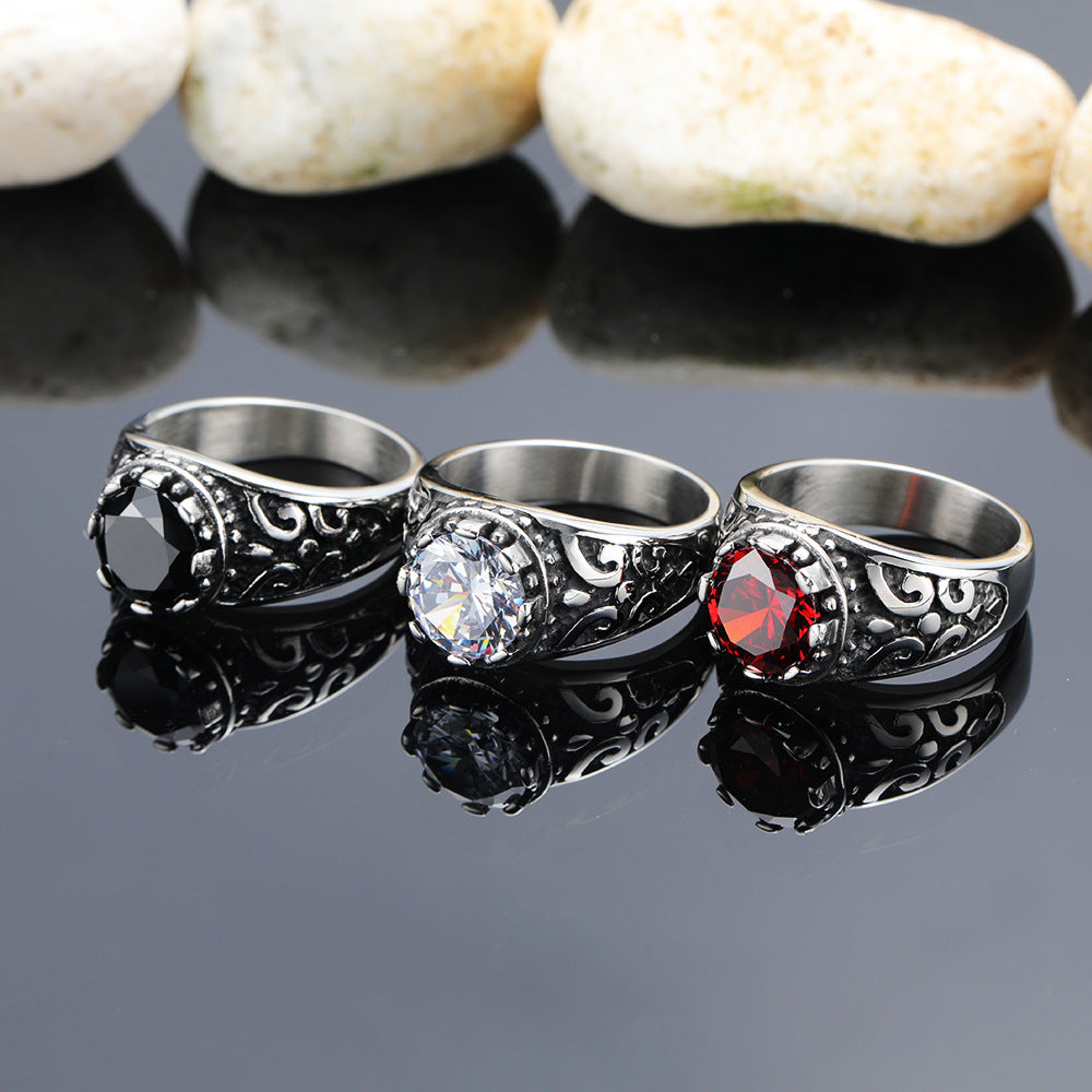 Mens Stainless Steel Ring With Gemstone Diamond Accent Geometric Design Titanium Band Jewelry Gift Anniversary