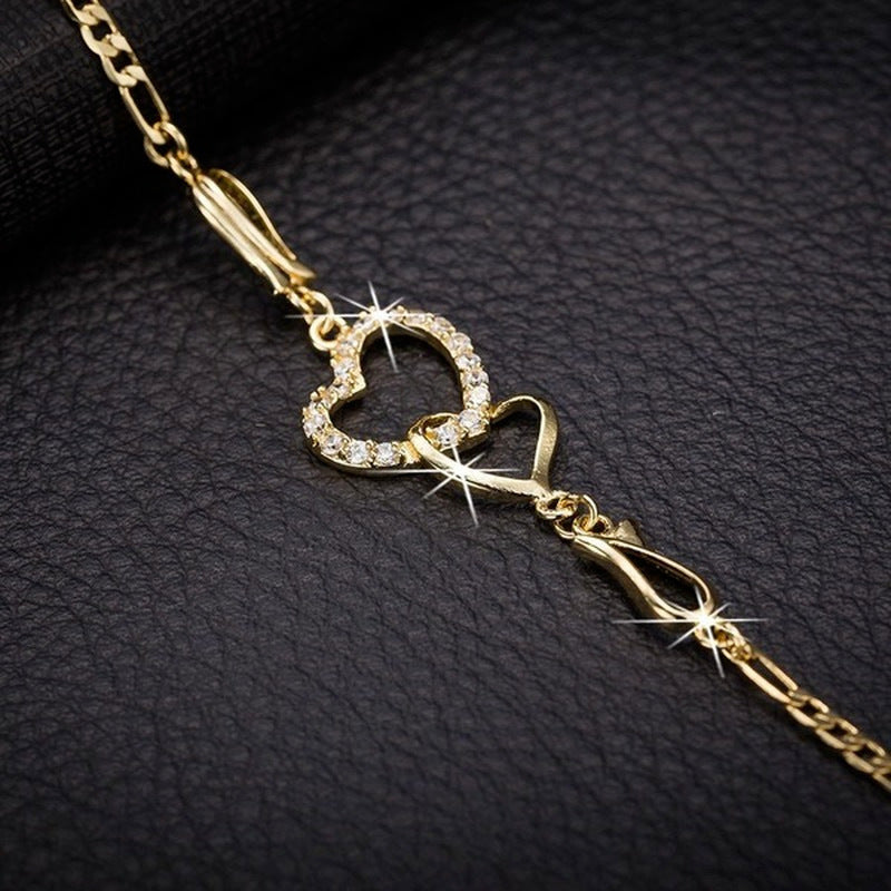 Gold Bracelet Double Heart Elegant Alloy Fashion Jewelry Trendy Design Bracelet Perfect Gift For Her And Girls