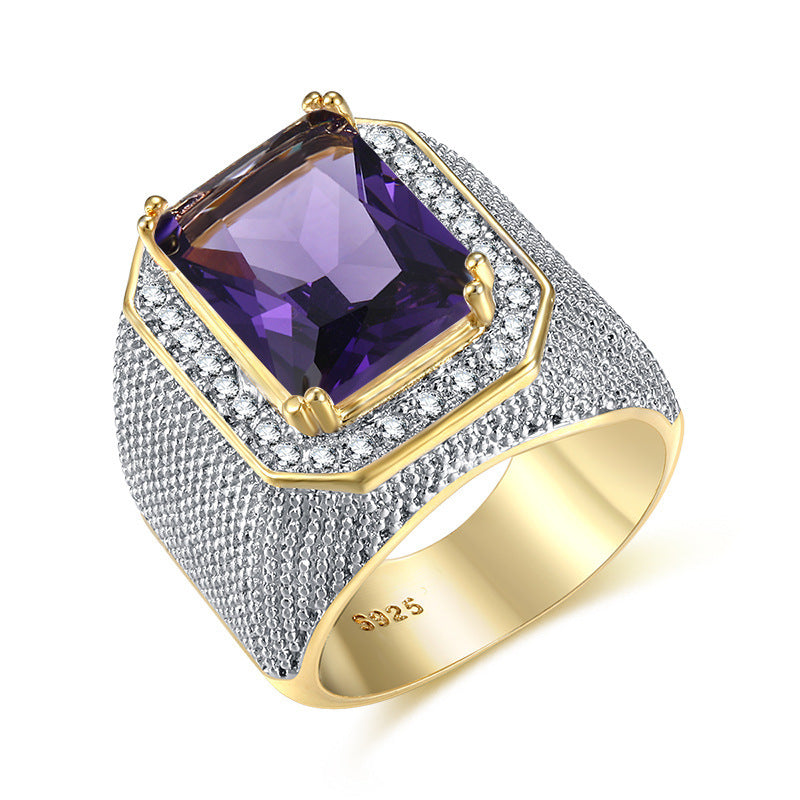 Mens Hip Hop Ring Square Zircon Gold Plated Brass Geometric Statement Jewelry For Men Sturdy Fashion Accessory