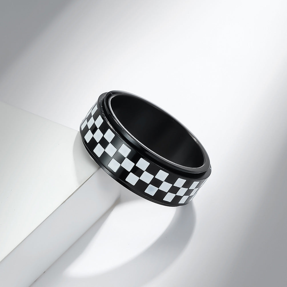 Unisex Rotating Ring Black White Checkered Stainless Steel Sturdier Fashion Accessory Modern Statement Jewelry