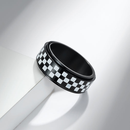 Unisex Rotating Ring Black White Checkered Stainless Steel Sturdier Fashion Accessory Modern Statement Jewelry