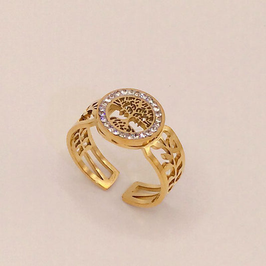 Gold Titanium Steel Lucky Tree Diamond Studded Hollow Ring Adjustable Opening Leaves Design Elegant Timeless Jewelry