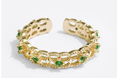 Women Retro Green Zircon Ring 18K Gold Plated Copper Micro Inlay Geometric Adjustable Jewelry Gift for Women
