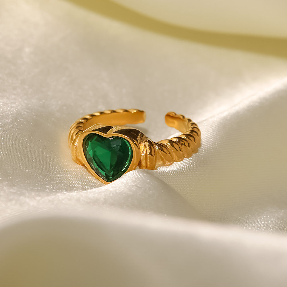 Womens Stainless Steel Ring With 18K Gold Plating Green Heart Inlaid Zircon Open End Geometric Love Jewelry Gem